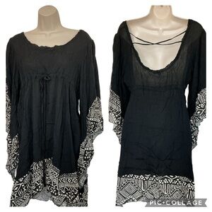 NWT Ciel Black Bell Sleeve Dress Print Trim Criss Cross Back Size Small